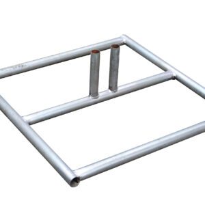 A rectangular metal frame made from cylindrical pipes resembles the Vestil Construction Barrier - Base. Two centrally aligned vertical pipes rise from the base, creating a simple industrial design.