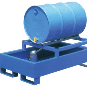 A blue drum sits on a Vestil Horizontal Retention Basin 600Lb - Blue, perfectly angled for dispensing, while a small metal container waits below to catch the liquid.