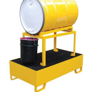 A yellow Vestil Horizontal Retention Basin 1.2K-1 Drum is laid horizontally on a metal stand with a spill pallet beneath it, while a black bucket is positioned under the open spout to collect any liquid.