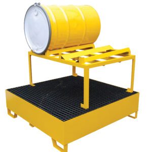 The Vestil Horizontal Retention Basin 1.2K-2 Drum provides secure storage for a yellow metal barrel on a grated spill containment platform, ensuring safe handling of liquid-filled drums.