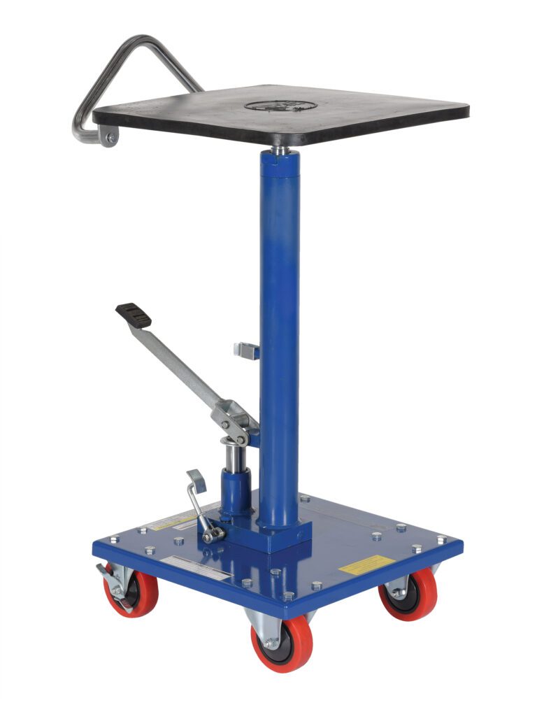 HT-02-1616A_A.jpg A blue hydraulic transmission jack with a flat square platform and foot pedal, similar to the Vestil Hydraulic Post Table 200 Lb 16 X 16, features a handle and four red caster wheels for easy mobility.