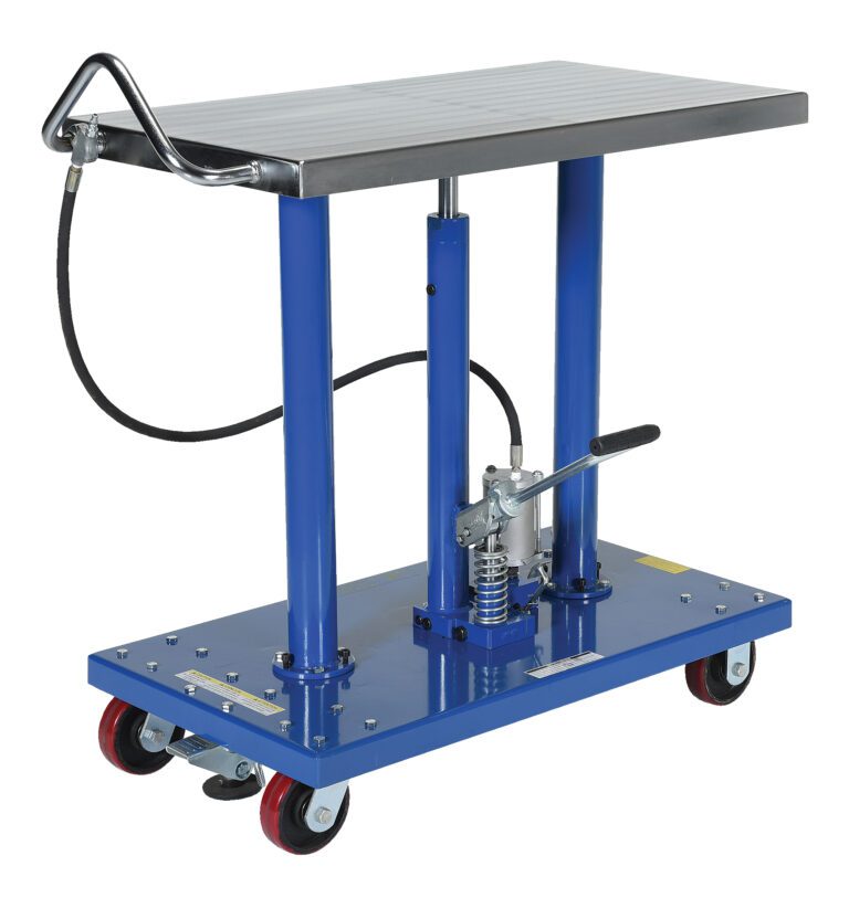 The Vestil Hydraulic Air Post Table 1K Lb 20 X 36 has a silver top, two vertical support columns, a hydraulic foot pump, and four caster wheels (two red) for easy maneuvering with its handle.