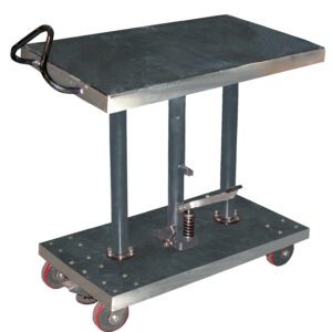 The Vestil Hyd Post Table-Partial Ss 1K Lb 20 X 36 features a black platform, red caster wheels, and a sturdy handle. Its hydraulic lift supports up to 1,000 lbs on the rectangular base, enhancing industrial efficiency.