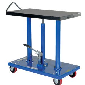 The Vestil Hydraulic Post Table 1K Lb 20 X 36 features a flat, blue metal top on two vertical columns and includes a black handle. It has a rectangular base with four red caster wheels and adjustable height via foot pedal.