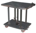 The Vestil Hyd Post Table-Partial Ss 2K Lb 30 X 36 is a versatile metal work table with four caster wheels, a central foot pedal for height adjustment, and a rectangular top featuring a side handle.