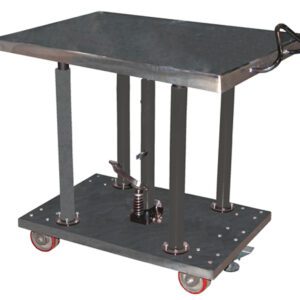The Vestil Hyd Post Table-Partial Ss 2K Lb 30 X 36 is a versatile metal work table with four caster wheels, a central foot pedal for height adjustment, and a rectangular top featuring a side handle.
