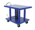 The Vestil Hydraulic Post Table 6K Lb 32 X 48 features a blue platform, supported by four columns, and includes a metal handle and foot pedal for easy use. It rolls on four caster wheels for smooth mobility.