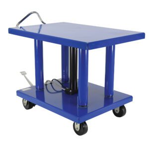 The Vestil Hydraulic Post Table 6K Lb 32 X 48 features a blue platform, supported by four columns, and includes a metal handle and foot pedal for easy use. It rolls on four caster wheels for smooth mobility.
