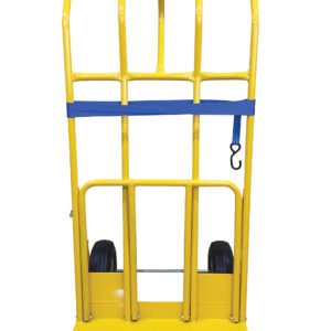 The Vestil Hand Truck Wide Load - 600Lb Cap-Pnu has a yellow frame, black wheels, tall structure, and flat base for handling up to 600 lbs effortlessly. It includes a sturdy blue strap to secure items during transport.