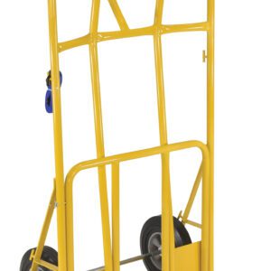 The Vestil Hand Truck Wide Load - 800Lb Cap-Hr features a yellow frame with two black wheels and an extended platform for transporting heavy items efficiently up to 800 lbs.