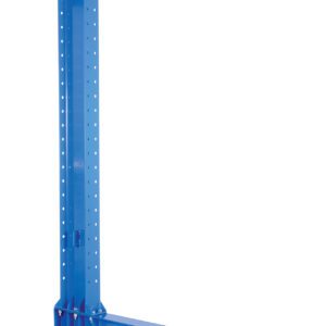 The Vestil Heavy Duty Single Cantilever 8Ft 30/36 Arm has a blue metal L-shape for strong mounting, with perforated holes on the vertical section for adjustable placement and a solid horizontal arm extending outward for support.
