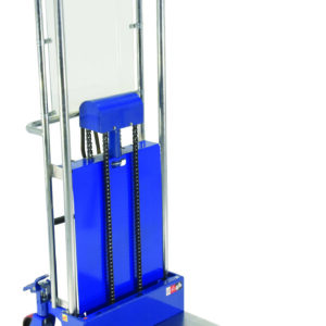 The Vestil Port Air Foot Pump Hefti-Lift 41 X 69 In features a blue and silver design with a wheeled platform, sturdy vertical support, and handlebar for easy operation, ideal for flat loading.