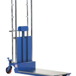 The Vestil Portable Foot Pump Hefti-Lift 57 x 69 In features a blue metal frame, dual handles, and black wheels. It includes a foot pedal for easy operation and a flat platform ideal for lifting and transporting pallets efficiently.