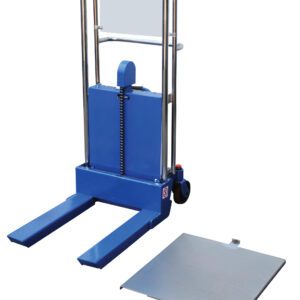 The Vestil Two Speed Foot Pump Hefti-Lift is a blue manual lift cart with dual prongs, back support, and a detachable metal platform. It lifts and transports items from 4 to 44 up to 880 lbs, featuring rear wheels for easy mobility.