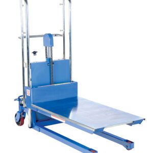 The Vestil Portable Foot Pump Hefti-Lift 60 X 54 In has a blue metal frame and platform, ideal for industrial lifting and transporting. It features wheels and a handle for manual use, ensuring stability with its wide base.