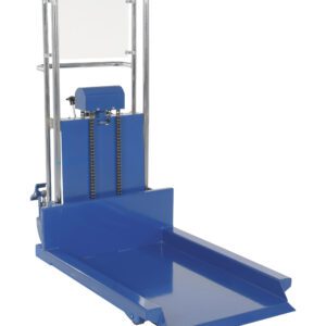 The Vestil Low Profile Hefti-Lift 64X59 has a blue platform, sturdy metal frame, and two vertical support bars. Its inclined surface and wheels offer easy mobility, making it ideal for efficient material handling.
