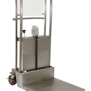 The Vestil Partial SS Hand Pump Hefti-Lift 36x52in is a stainless steel manual lift with a flat platform, wheeled base, control mechanism, and rear safety guardrail for transporting and lifting heavy objects.