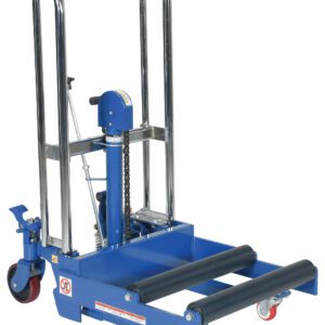 The Vestil Roller Work Positioner is a blue manual pallet stacker with a sturdy metal frame and handle, black rollers, and four red wheels. It features a hydraulic lift mechanism with a chain for efficient pallet movement and lifting.