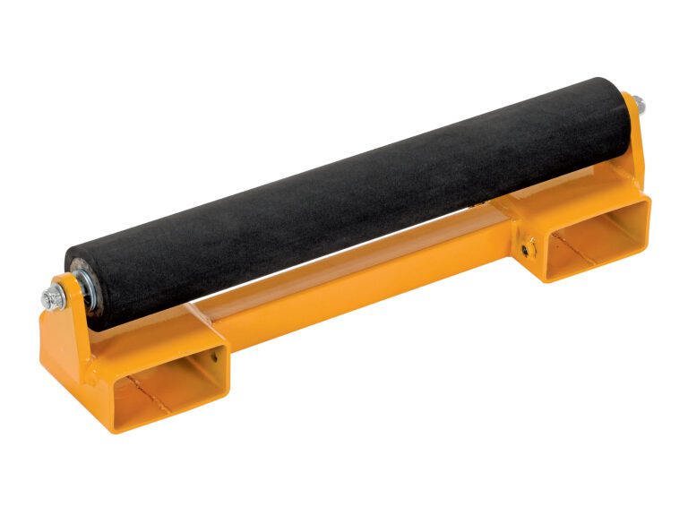 HYDC-RR_A.jpg The Vestil Hefti-Lift Attach Rubber Roller boasts an orange stand with a black cylindrical roller on top. Its durable metal base has two rectangular slots on each side, ideal for mounting or enhancing stability.