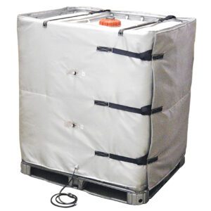A Vestil Wrap-Around Tote Tank Heater 42In, wrapped in a gray insulated cover with black straps, rests on a black pallet. It features a red cap on top and has a power cord extending from the bottom.