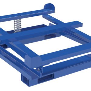The blue metal pallet resembles the Vestil Ibc Tilt Stand W/ Fork Pockets, featuring a spring mechanism for lifting items. Its design includes cross beams and rectangular frames, ensuring stability and robust support.