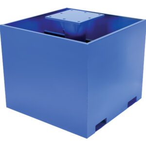 The Vestil Additional Steel Base 36 In. Empty is a large, blue metal industrial box with an open top and a central reinforced square mounting plate. It features a smooth matte finish and four base openings for secure placement or transport, along with an extra 36-inch steel base.