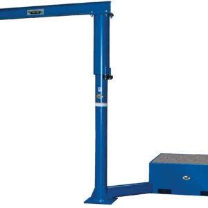 The Vestil Additional Offset Steel Base 18 In. Filled W/Concrete enhances stability for the blue automotive lift, which has a vertical column and horizontal arm with a level on top, making it perfect for vehicle maintenance or repairs.