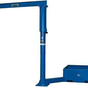 The structure is a blue industrial lifting device with a tall vertical column and top horizontal arm, featuring an empty Vestil Additional Offset Steel Base 18 In. on the right, designed for material handling or warehouse use.