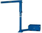 Image of a tall blue metal frame with a horizontal arm at the top and a rectangular base. The Vestil Additional Offset Steel Base 36 In. Empty includes a small control box with side dials or buttons—ideal for industrial use.