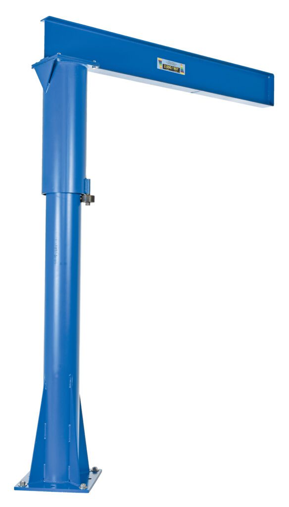 JIB-FM-20_A.jpg The blue industrial jib crane, similar to the Vestil Floor Mounted Jib 2000 Lb Capacity, includes a vertical column and horizontal beam. Its bolted base ensures sturdy and efficient lifting of heavy materials in any workspace with its simple design.