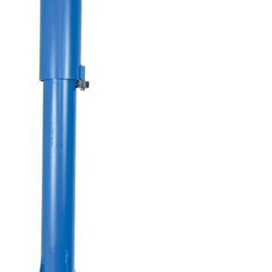 The blue industrial jib crane, similar to the Vestil Floor Mounted Jib 2000 Lb Capacity, includes a vertical column and horizontal beam. Its bolted base ensures sturdy and efficient lifting of heavy materials in any workspace with its simple design.