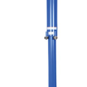 A tall blue metal post on a flat base, featuring a top horizontal beam similar to the Vestil Floor Mounted Jib 300 Lb Capacity, resembles an industrial barrier.