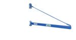 The industrial lifting beam with hooks, a rod, metal attachments, and a label is similar to the durable Vestil Wall Mount Jib High Clearance 2000 Lb model. Its isolated on a plain white background.