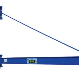 The Vestil Wall Mount Jib High Clearance 600 Lb features a blue industrial build, diagonal support cable, and two mounting plates with bolts for security. The labeled arm stands out against the white background.