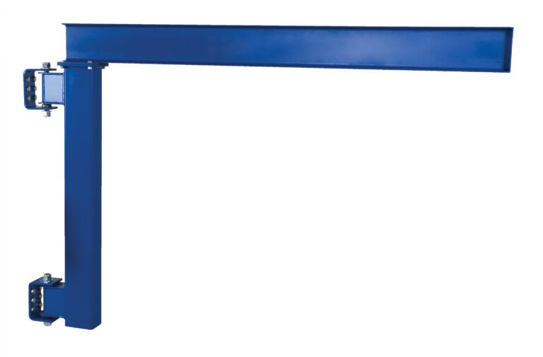 JIB-LC-20_A.jpg The Vestil Wall Mount Jib Low Clearance 2000 Lb is an L-shaped blue steel beam structure supporting up to 2000 lbs. It features mounted brackets on the vertical section, with a crane-like extending horizontal arm, all set against a plain white background that emphasizes its industrial design.
