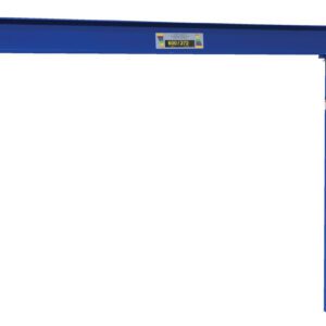 The Vestil Wall Mount Jib Low Clearance 600 Lb is a blue industrial crane with a horizontal beam and vertical support, designed for lifting and moving heavy loads. It has a specifications label on its 600 lb capacity beam and securely attaches to a wall bracket.