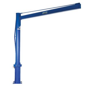 The blue Vestil Multi Station Jib Crane 1K 120 X 119.82, with a strong vertical post and horizontal arm, is perfect for lifting heavy objects. Its secure base mounts on flat surfaces for efficient material handling in workspaces.