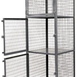 The Vestil Heavy Duty 3 Shelf Storage Locker 24X24 is a robust metal cage with mesh sides, featuring an industrial design, three strong shelves, and two hinged doors—one open and one closed—for secure storage solutions.