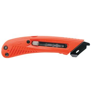 The S5™ Safety Cutter Utility Knife - Left Handed is designed for left-handed users, featuring a textured orange handle, a smoothly retractable black blade with a silver slider, and is available in cases of 12.