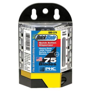 The QBD-379 Quickblade® Blade Dispenser includes 75 heavy-duty, .025 thick safety point blades and a dispenser with two hanging holes.