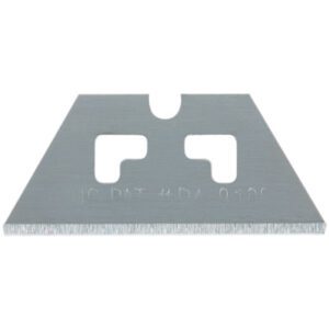 Close-up of the MH-USA SP-017 Single-Notch Safety Blade with two symmetrical notches and a sharp edge. The silver surfaces engraved text gives it an industrial look. This high-quality blade, sold in a case of 100, is set against a plain white background.