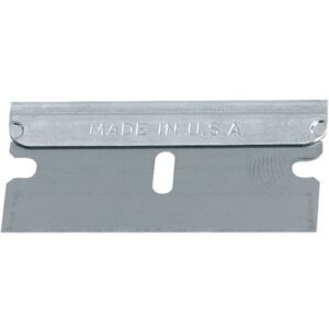 The MH-USA RB-009 Single Edge Blades, inscribed with MADE IN U.S.A., have a center hole and two notched edges for efficient cutting tasks, available in a case of 100 for convenience.