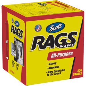 A bright yellow and red Scott® Rags box, displaying an American flag logo, contains 200 all-purpose, strong, and absorbent towels. The packaging shows someone pulling a towel from the box.