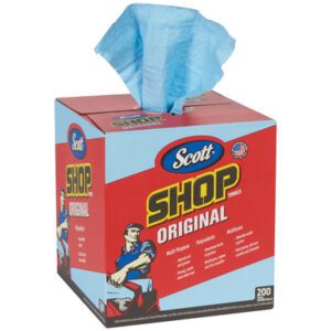 Scott® Blue Shop Towels Pop-Up® Box (1600/Case) is perfect for various tasks, featuring a cap-wearing figure. The multi-purpose, absorbent, and strong towels come in a convenient box.