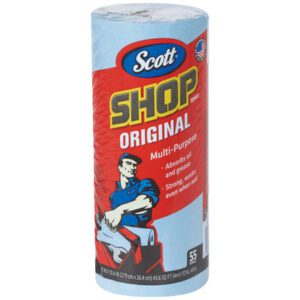 The Scott® Blue Shop Towels on a Roll (660/Case) come in the iconic blue packaging with a label showing a worker wiping his hands, highlighting their strength and efficiency in absorbing oil and grease. Each roll has 55 durable towels, ideal for tough cleaning tasks.