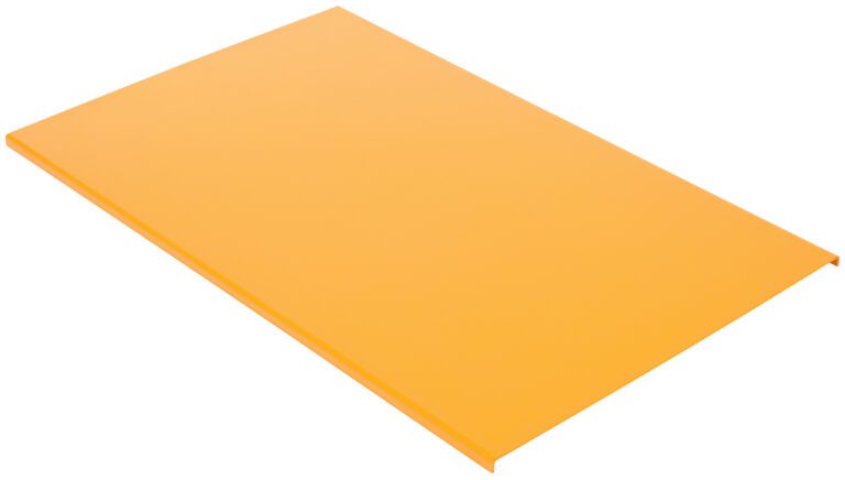 An orange rectangular sheet with folded edges resembles a Vestil Tote Lift Option-Solid Platform 44X27.75, seen from a low angle against a white backdrop.