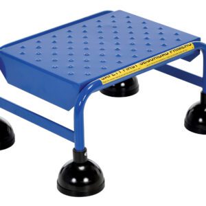 The Vestil Spring Loaded Roll Ladder Perf 1 Stp Blu is a blue step stool featuring four black suction cup feet and a textured surface for enhanced grip, plus a yellow strip with text on one side for added visibility.