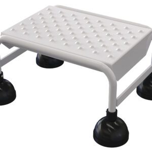 A white, textured rectangular step stool with black rounded suction cup feet resembles the sleek design of the Vestil Spring Loaded Roll Ladder Perf 1 Stp Wht.