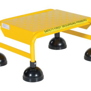 A yellow safety step stool features four large black suction cup feet and textured platform dots for grip, with Safety First Seguridad Primero on the side, inspired by the Vestil Spring Loaded Roll Ladder Perf 1 Stp Yel for enhanced stability and slip prevention.