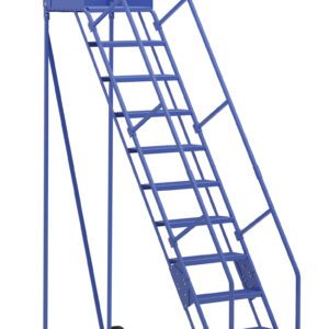 The Vestil Warehouse Ladder 58 Deg Perf 11 Stp 21In is a tall blue industrial ladder with a 58-degree incline and 11 perforated steps. It includes safety rails and two wheels at the base for easy mobility and stability.